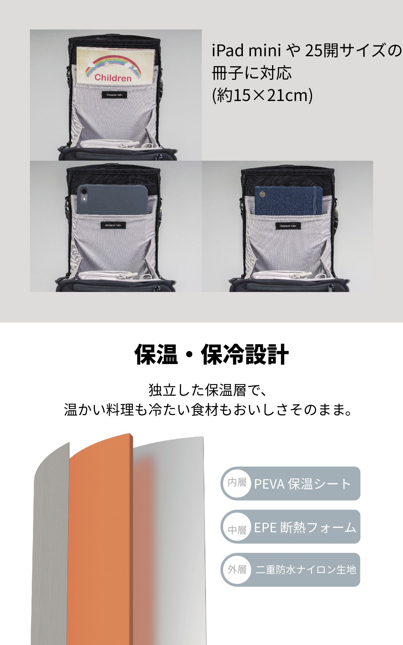 Dausonlab SPACEFOLD 折りたたみバケツバッグ 保温保冷設計 三層構造 iPad mini対応 断熱フォーム 機能説明図