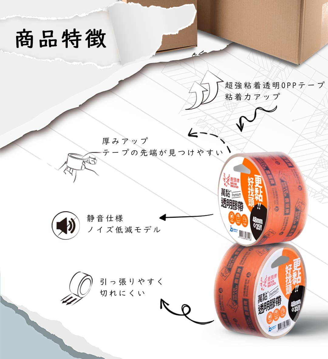 超強粘着透明OPPテープ 厚みアップ 静音仕様ノイズ低減モデル 引っ張りやすく切れにくい 段ボール箱