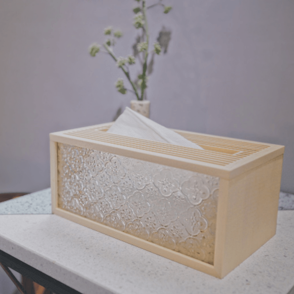 手手 海棠花柄ティッシュボックス ヒノキ木製 防湿防虫 レトロガラス 花窓細工 和モダン インテリア雑貨