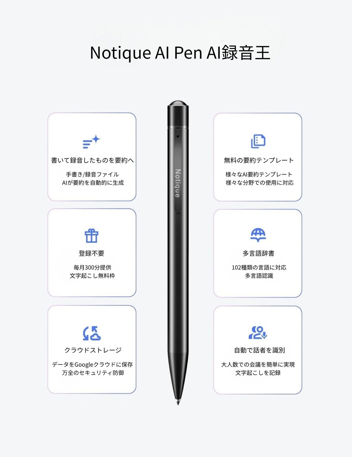 Notique AI Pen AI録音王｜ペン型ボイスレコーダー 文字起こし 多言語 音声認識 AI要約 ビジネス 会議 授業 講義