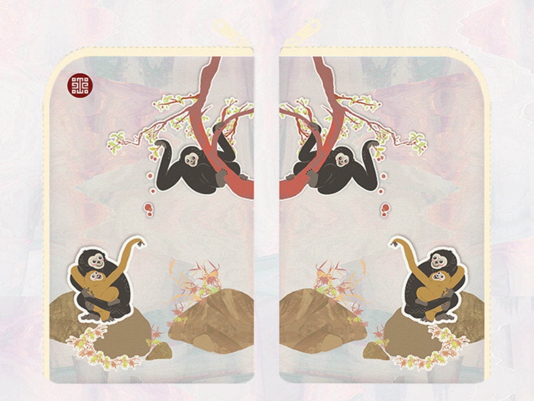 【故宮コラボ】 猴嬉遊記 マルチポーチ＆タオルセット 11×18cm ハンドタオル マルチポーチ スマートフォン収納ミニポーチ 猿 親子