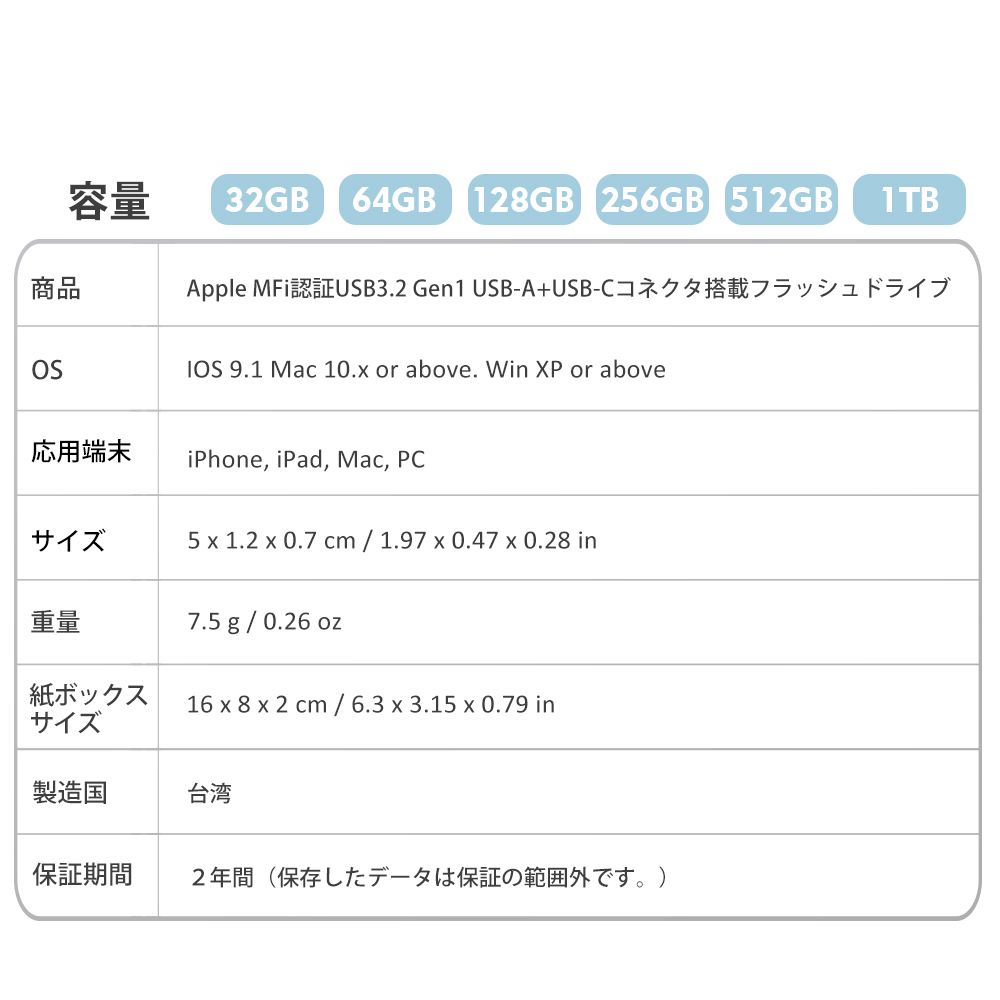 PIODATA iXflash USBメモリ 仕様表 32GB-1TB MFi認証 USB3.2 Type-C Type-A iPhone Android対応 台湾製