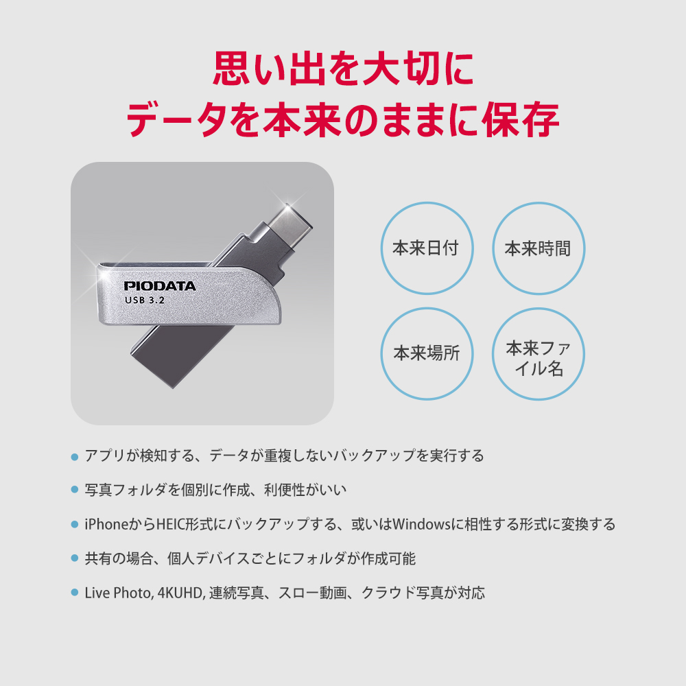 PIODATA iXflash USBメモリ オリジナルデータ保存 自動バックアップ 写真動画 HEIC対応 メタデータ保持 説明図