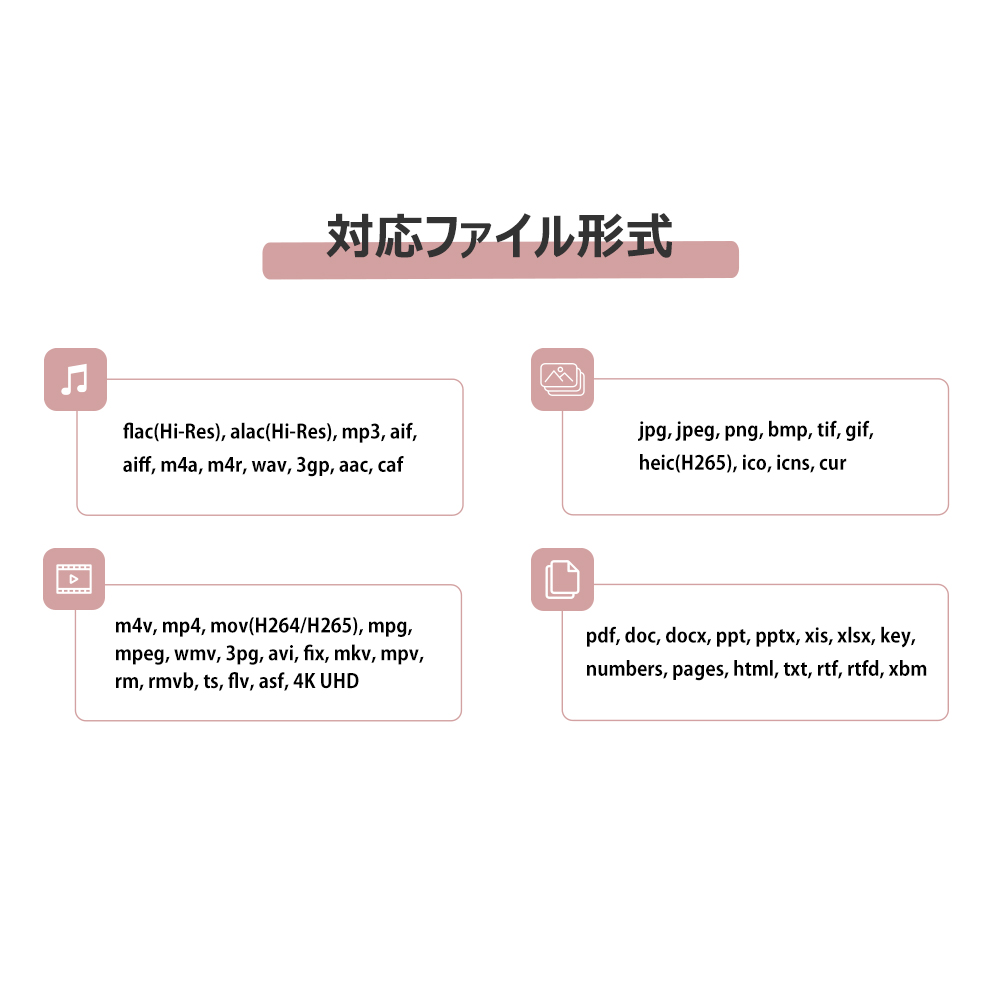 iXflash 対応ファイル形式 音楽 flac Hi-Res mp3 画像 jpg png heic 動画 mp4 mov 4K UHD 文書 pdf doc ppt xls 多形式対応