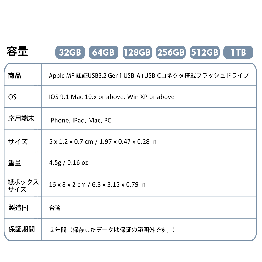 iXflash 製品仕様 容量 32GB-1TB MFi 認証 USB3.2 USB-A USB-C iPhone iPad Mac PC 台湾製 2 年保証
