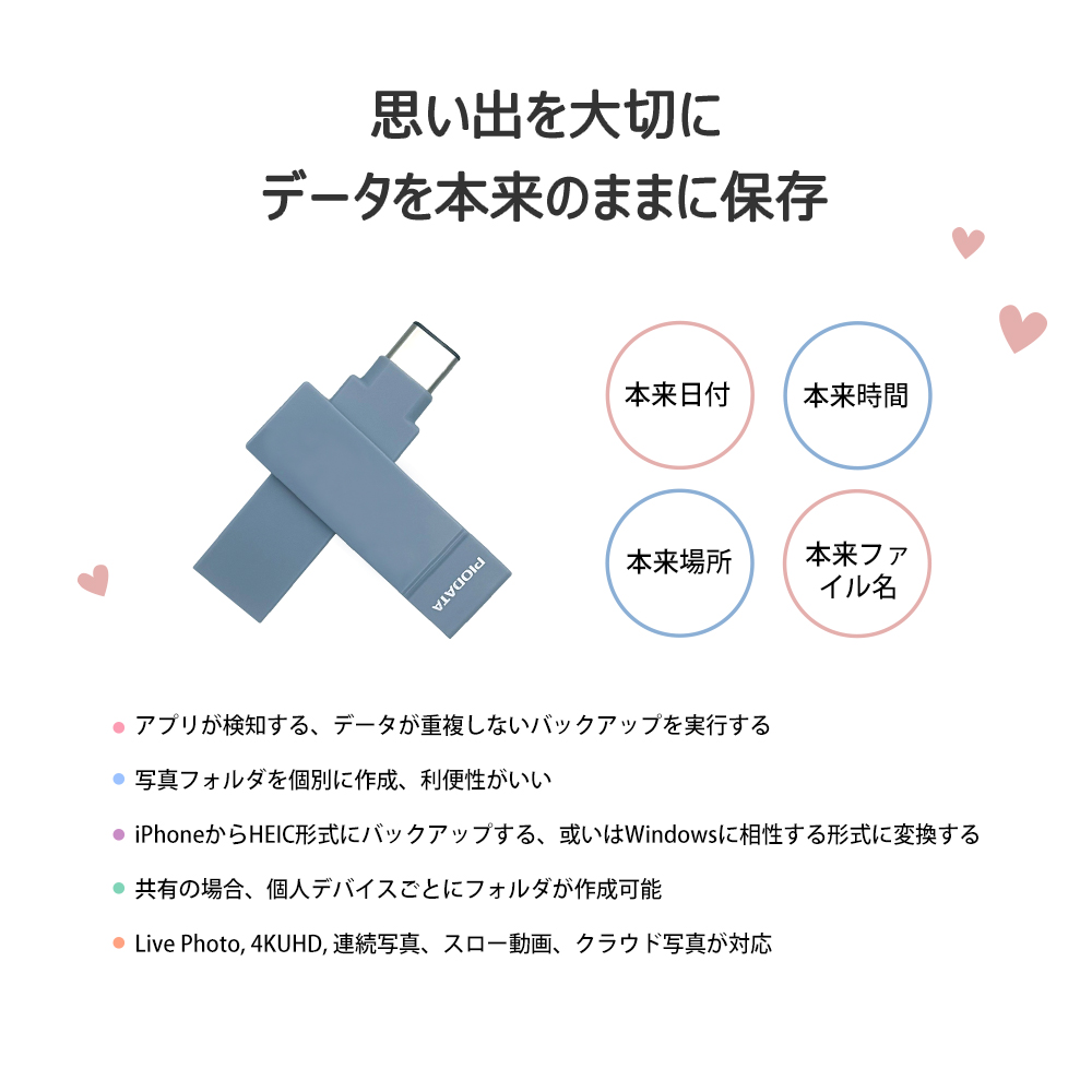 iXflash データ本来のまま保存 日付 時間 場所 ファイル名保持 自動バックアップ HEIC 対応 Live Photo 4K 連続写真 スロー動画